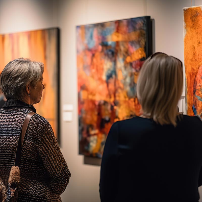 Women looking at paintings in art show.