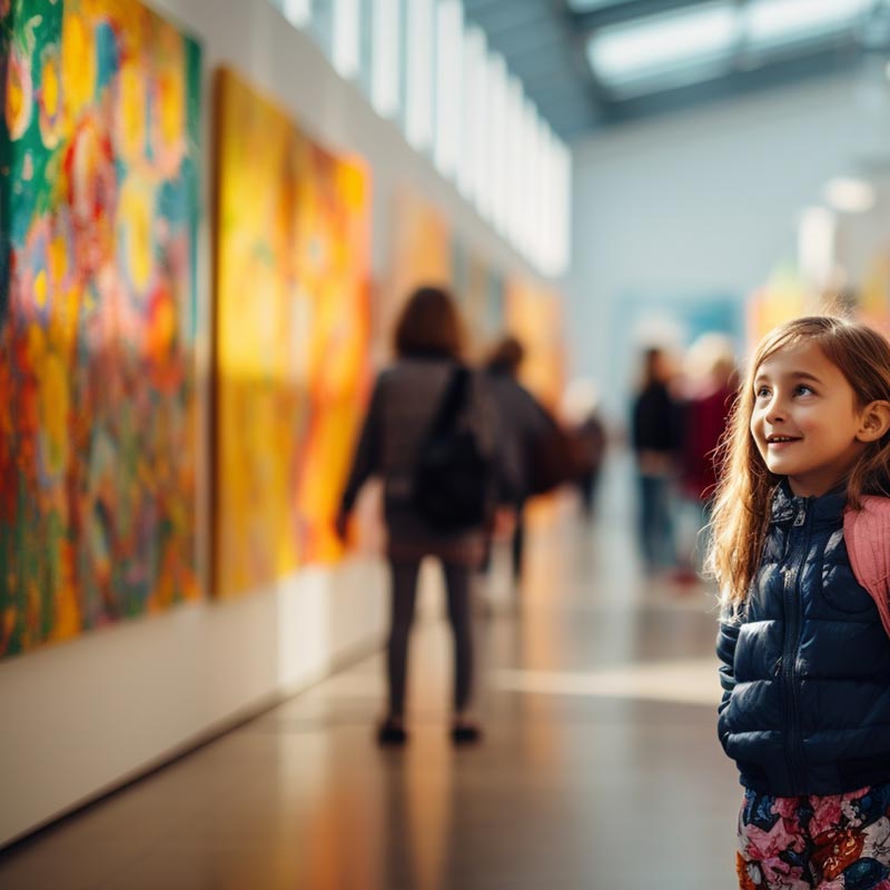 Little girl looking at art on display.